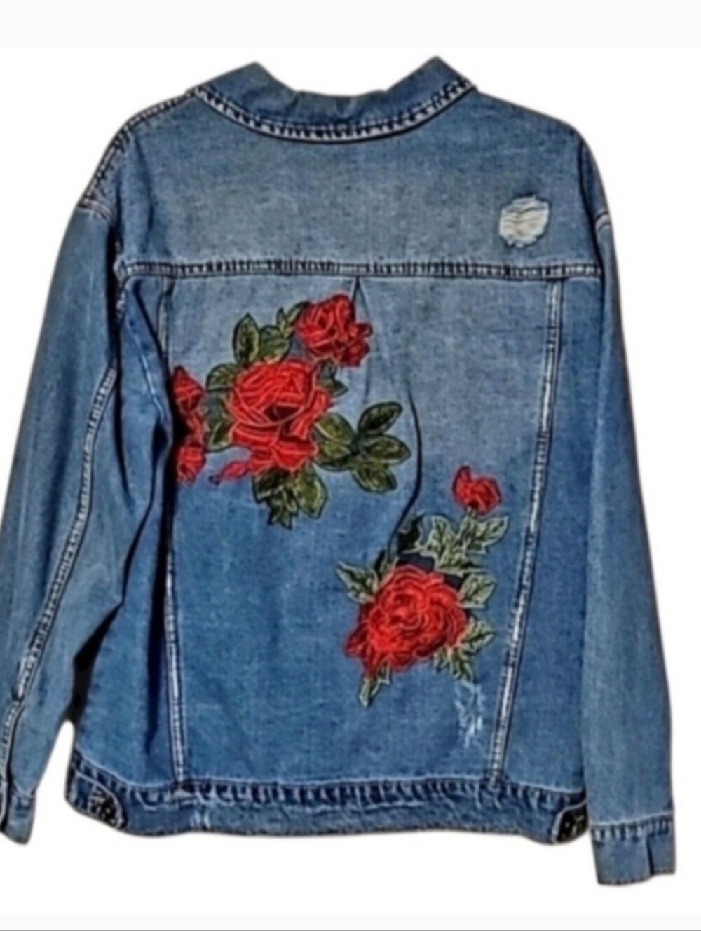 Highway Jeans Blue Denim Jacket with Red Rose Embroidery